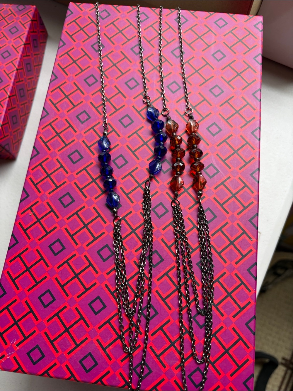 Set of 2 Faceted Bead Tassel Necklaces in Blue and Amber